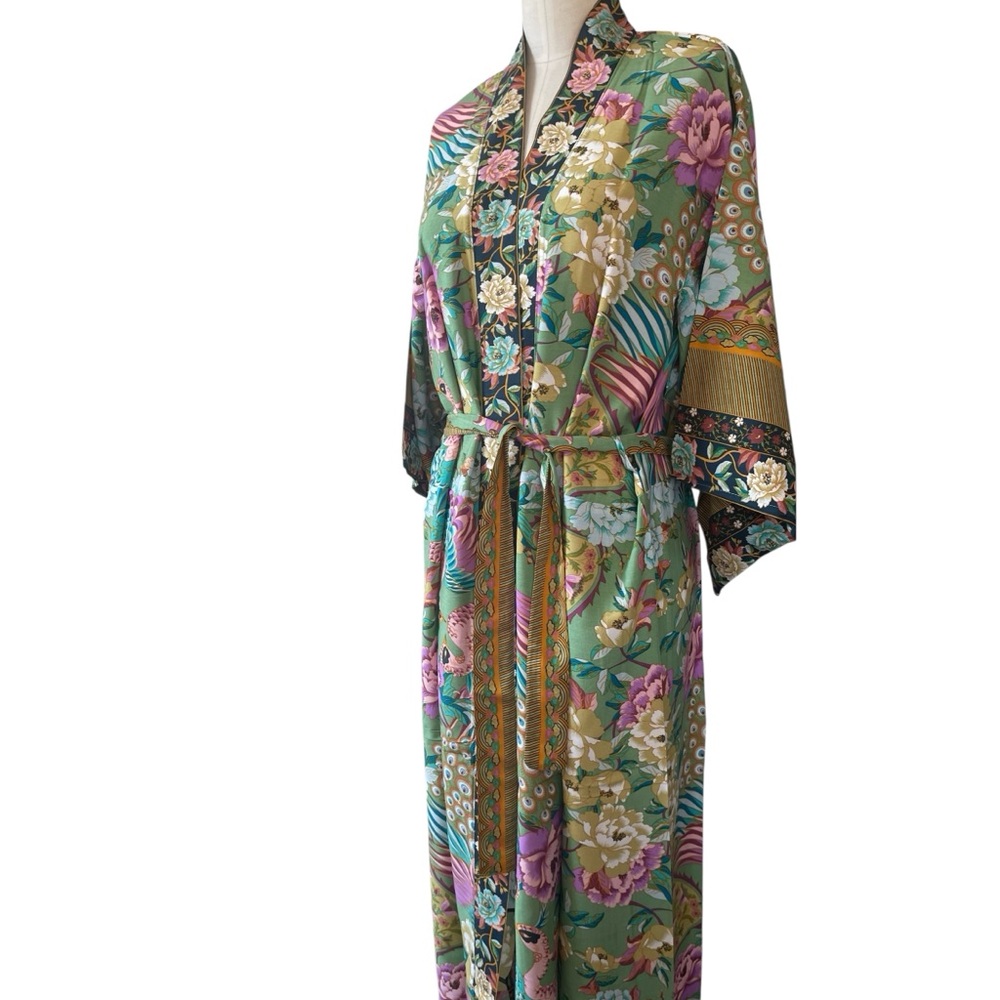 ❤️ NEW! Boho Floral x Peacock Full Length Tie Waist Kimono - Picture 3 of 7